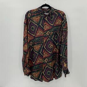 Vintage Goouch Mens Large Button Down Shirt 100% Silk Long Sleeve Aztec Dark